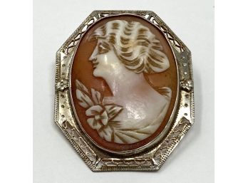 Lovely 14k White Gold And Hand Carved Shell Cameo Pin, Circa 1900