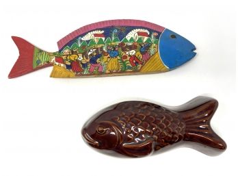 Hand Carved And Hand Painted Standing Wooden Fish Plus Fish Shaped Ceramic Mold