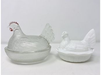Senton Milk Glass Hen On Nest Together With Clear Glass Hen On Nest