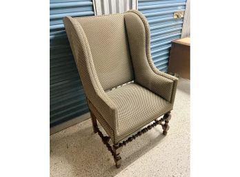 Handsome Vintage Large Wingback Chair - Louis XIII Style With Turned Wooden Legs