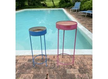 Two Vintage Colorful Plant Stands In Two Heights