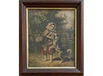 Antique Print Of A Young Girl And Her Dog