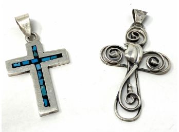 Two Beautiful Crosses - One Mexican Sterling Silver Cross With Turquoise Inlay And One Floral 830 Silver Cross