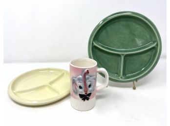 Vintage Child's Elephant Mug And Two Glazed Ceramic Plates Signed 'Pelle'