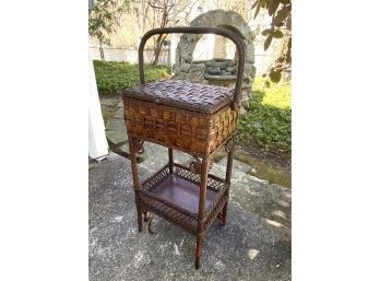 Great Wicker Sewing Basket On Stand With Lower Shelf