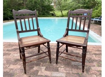 Pair Of Antique Victorian Eastlake Side Chairs With Caned Seats