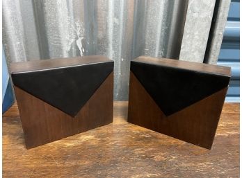 Nice Sturdy Pair  Of Vintage Wood And Leather Bookends