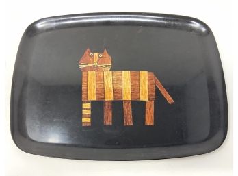 Wonderful Cat Serving Tray With Wood Inlay By Couroc Of Monterey, California