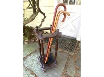 Vintage Wooden Cane Or Umbrella Stand With Three Canes Included