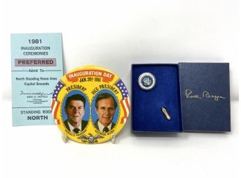 Regan Inauguration Day 1981 Ticket And Pin Plus Presidential Seal Lapel Pin Given By Reagan To Supporters
