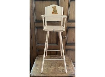 Circa 1930s Wooden Doll Pink High Chair With Teddy Bear Decal