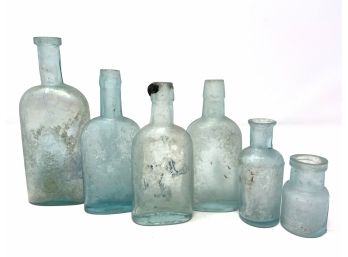 Group Of Wonderful Antique Iridescent Blue Bottles