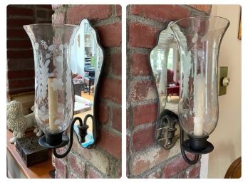 Pair Of Vintage Mirrored Wall Sconces With 2 Pairs Of Etched Hurricane Shades