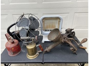 Antique Fan, Gas Cans, And Gas Heater