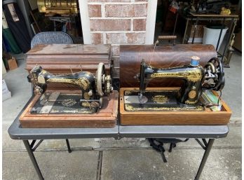 Two Vintage Singer Sewing Machines With Wooden Carrying Case