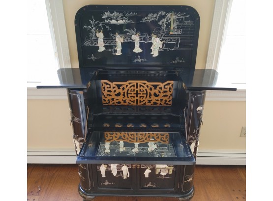 Black Lacquered Chinoiserie Bar Cabinet