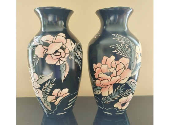 Pair Heavy Carved And Painted Decorator Vases