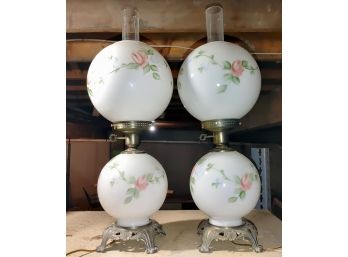 Pair Of Hand Painted Milk Glass Gone-With-The-Wind Lamps