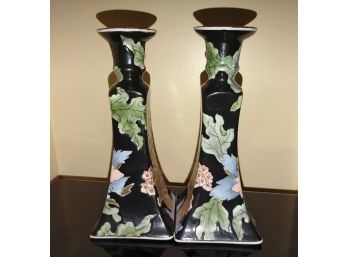 Chinese Black Glazed Floral Candlesticks (pair)
