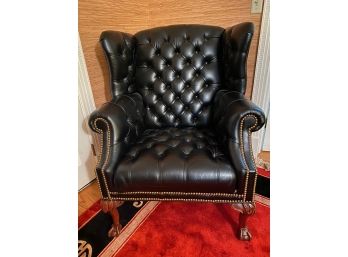 Black Leather Chippendale Chesterfield Wing Chair
