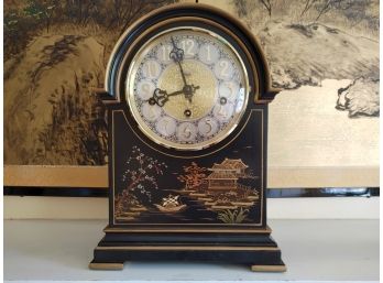 Sligh Black Lacquered Chinoiserie Mantle Clock