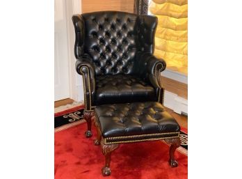 Black Leather Chippendale Chesterfield Wing Chair & Ottoman
