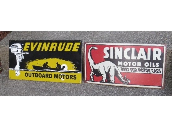 Two Advertising Tin Signs - Evinrude Motorboat Engines & Sinclair Motor Oils
