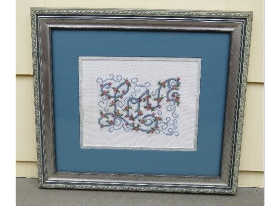 Fancy Blue, Grey & Silver Framed Counted Cross Stitch - LOVE - Attractive