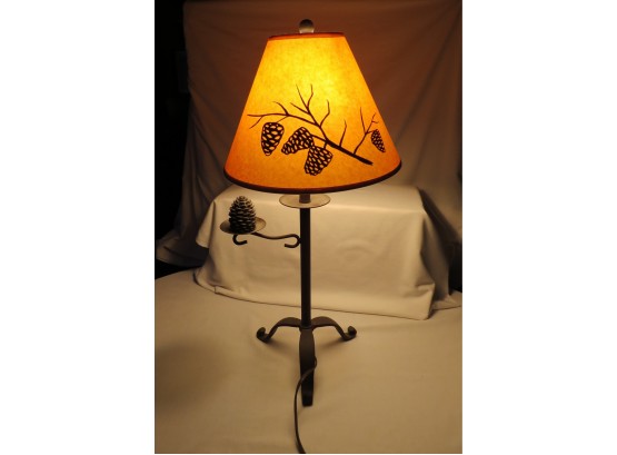 Bronzed Iron Finish Pinecone Figural Table Lamp W/Matching Shade - Rustic Cabin Effect