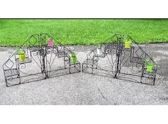 Lot Of 4 Stepped Wire 3 Shelf Plant Stands Holds A Dozen In Total - Great Outside Or Inside