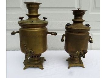Two Russian Brass Samovar's Intricate, Both Signed, Fancy Feet, Handles & Spigots Early 20th Century.