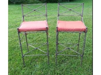 Matching Pair Of Heavy Wrought Iron Bar / Counter Stools, Silvered Finish W/cushions