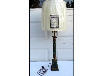 Retro 60's Dark Green Speckle Pottery & Brass Corinthian Column Table Lamp  - Tested & Working