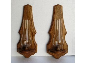 Pair Of Solid Oak Wall Candle Sconce With Glass Globes
