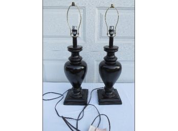 Pair Of Matching Black Oil Finish Pine Turned Wood End Table Lamps - Tested & Working