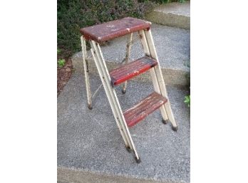 Vintage 3 Step Red & White Folding Metal Step Stool - Great Stepped Plant Stand Or Use It!