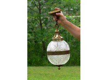 MCM Hanging Acanthus Leaf Decorated Brass & EAPG Pressed Glass Center Hall Light Fixture - Well Made