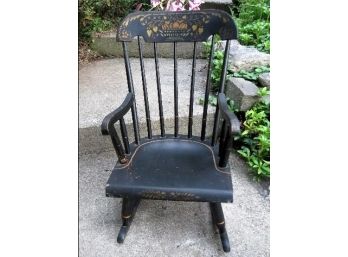 Colonial Style Childs Rocker By Nichol's & Stone, Gardner Mass Black Finish With Gilt Americana Stenciling