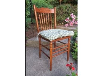 Country Pressed Back Oak Chair W/caned Seats And Green Checkered Seat Cushion Nice Desk / Sewing Chair