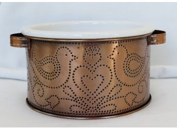 Vintage Copper Folk Art Tin-Punched Stoneware Dish