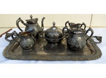 Victorian Era Meriden Silverplate 6 Piece Tea Service -Teapot, Cream,Sugar,Spooner,Butter,Tray