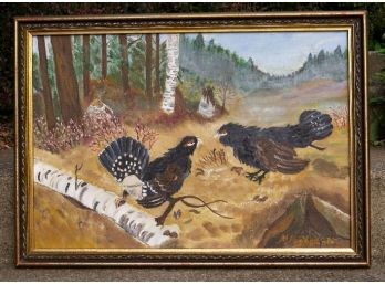 Framed Oil On Canvas Of 2 Black Grouse Birds Fighting For A Mate-artist Signed