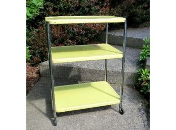 Vintage 1960's-70's Era 3 Tier Yellow Enamel Tray & Chrome Legged Kitchen Cart On Wheels