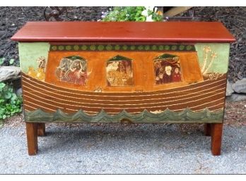 Adorable Noah's Ark Folk Painted Pine Storage Chest / Window Seat Bench Combination