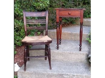 Early Pine Square Nailed 1 Drawer Stand W/Similar Age Rush Seat Country Chair Original Finishes