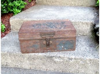Early 1900's Vented Lid Strong Box Or Tool Box - Cast Iron Latches & Hasp.