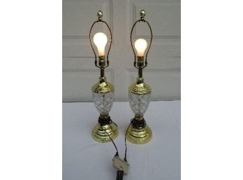 Matching Pair Of Crystal Herringbone & Diamond Patterned & Polished Brass Finish Table Lamps