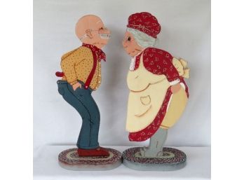 Hand Crafted Wooden Grandpa And Grandma Cut Outs-artist Signed/dated