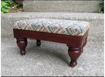 Empire Style Mahogany Foot Stool W/Hounds Tooth Style Covering