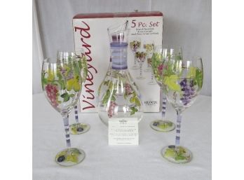 'Vineyard ' Hand Painted Wine Carafe And 4 Wine Goblets By Block China And Crystal Co.